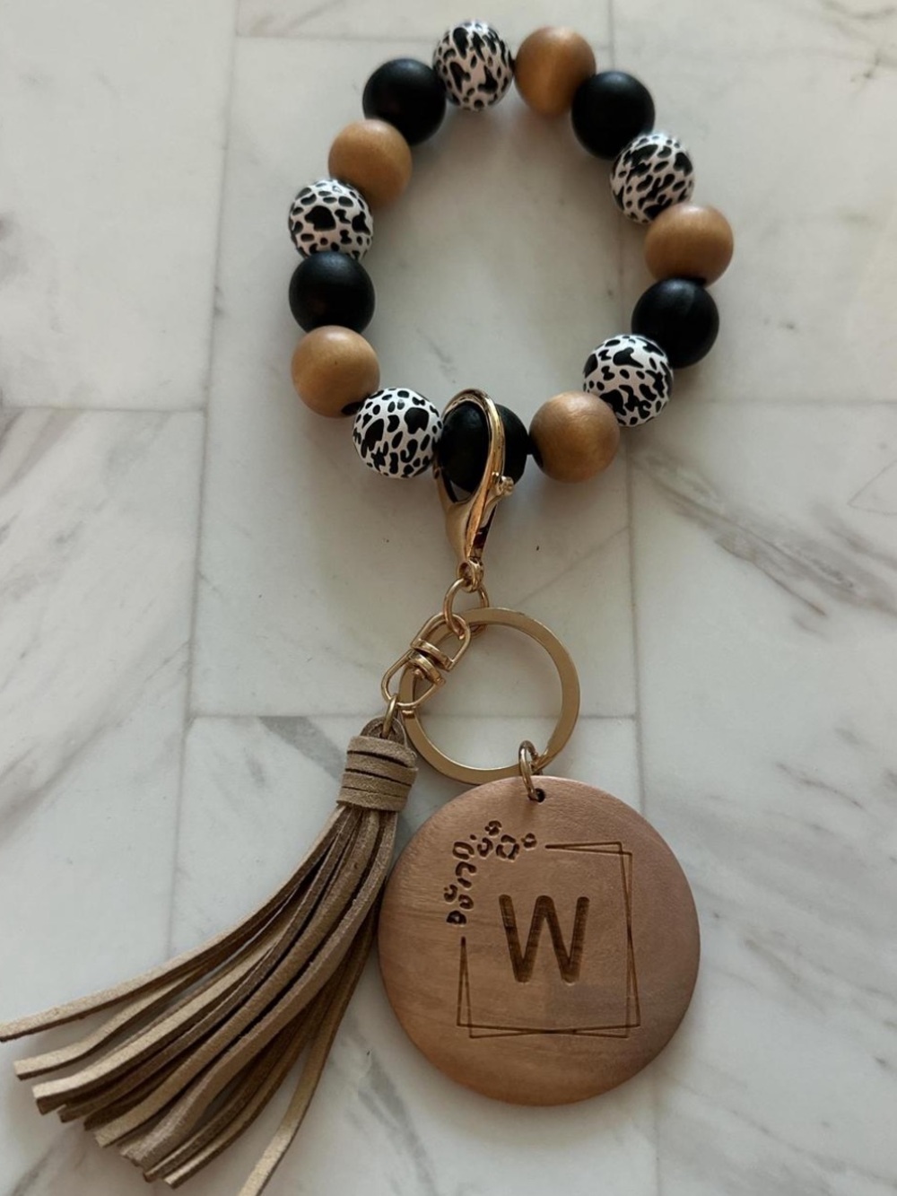 Beaded Tassel Keyring with Monogram Disc - Black, White & Tan